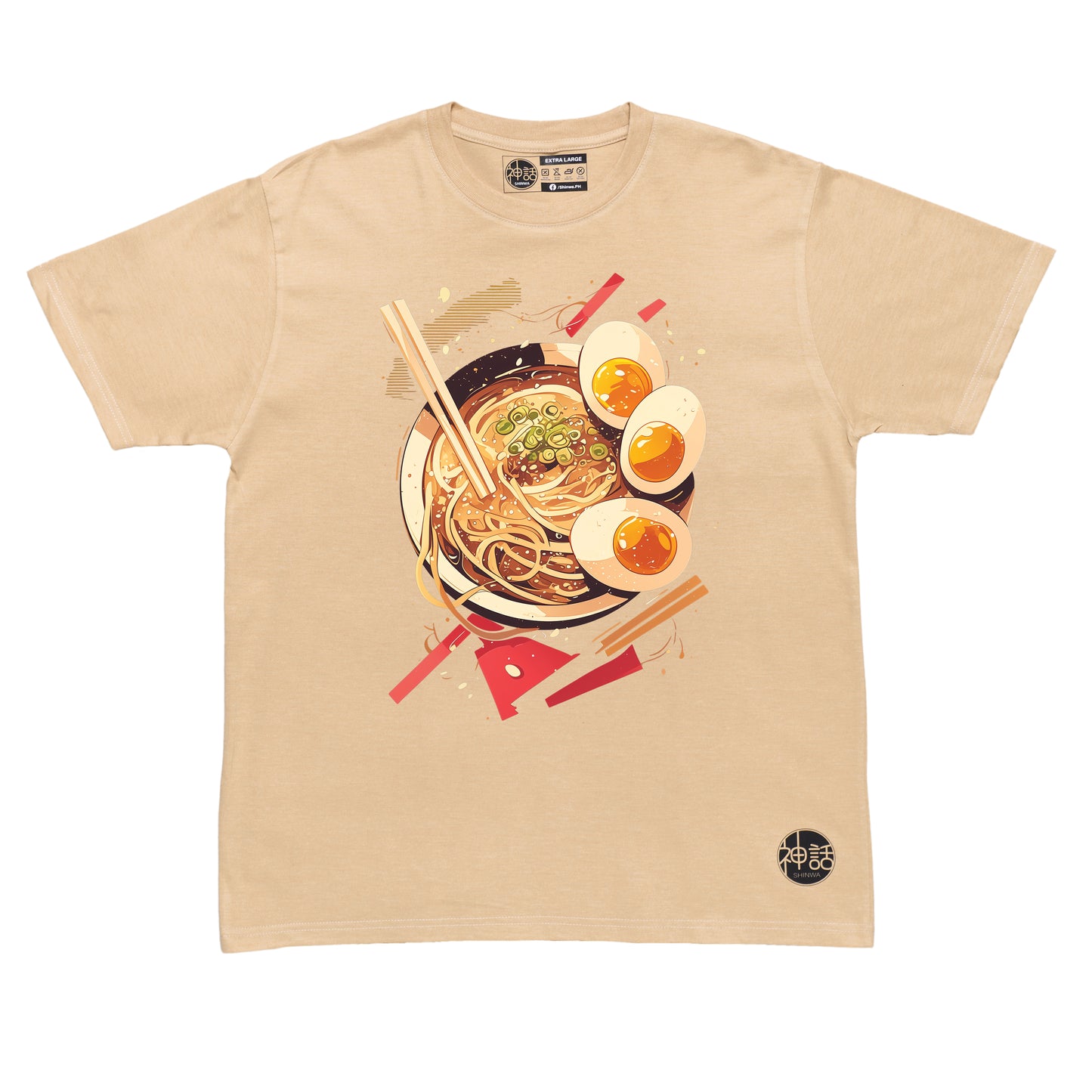 Japanese udon noodle bowl with egg and toppings illustration on beige t-shirt by Shinwa, streetwear brand from the Philippines