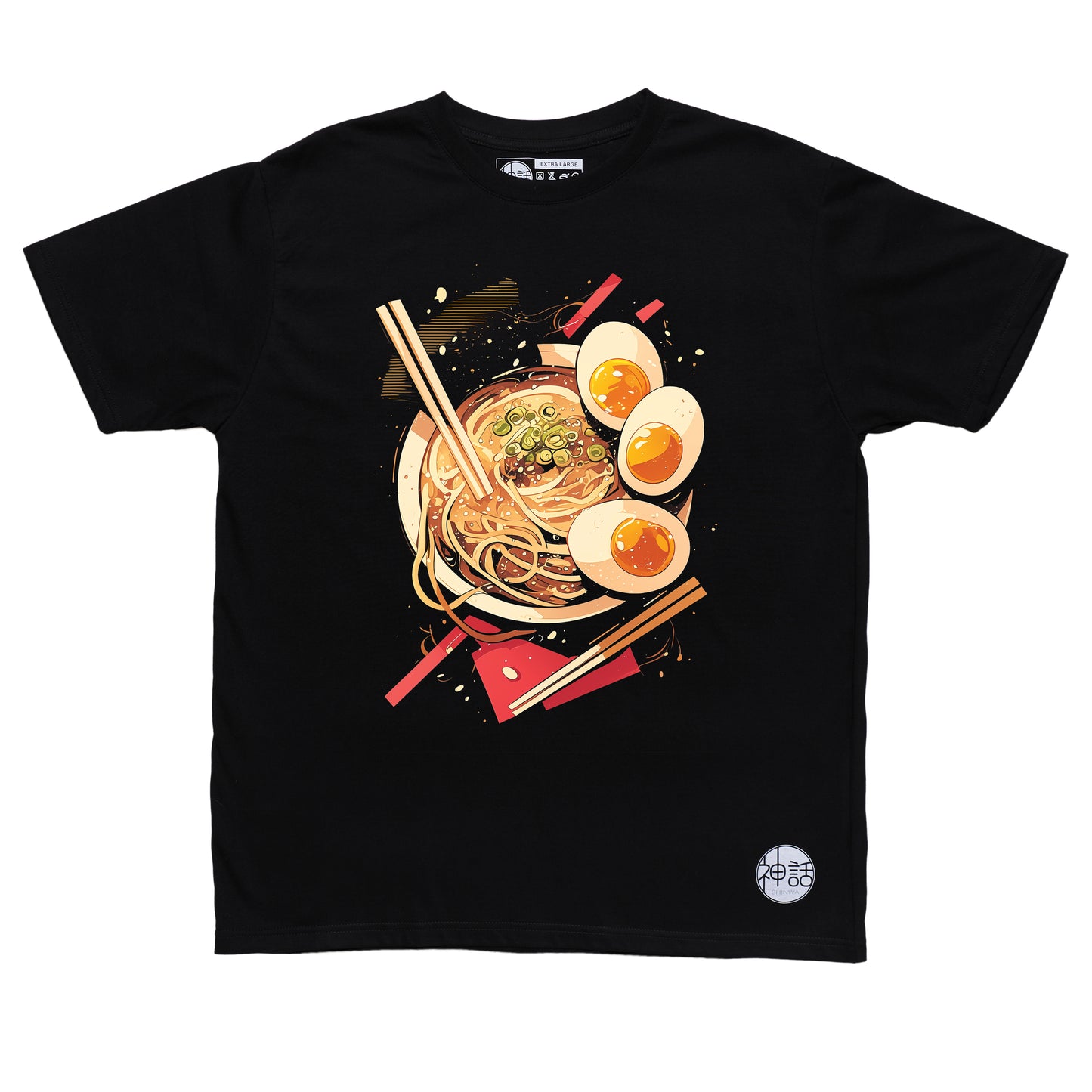 Japanese udon noodle bowl with egg and toppings illustration on black t-shirt by Shinwa, streetwear brand from the Philippines