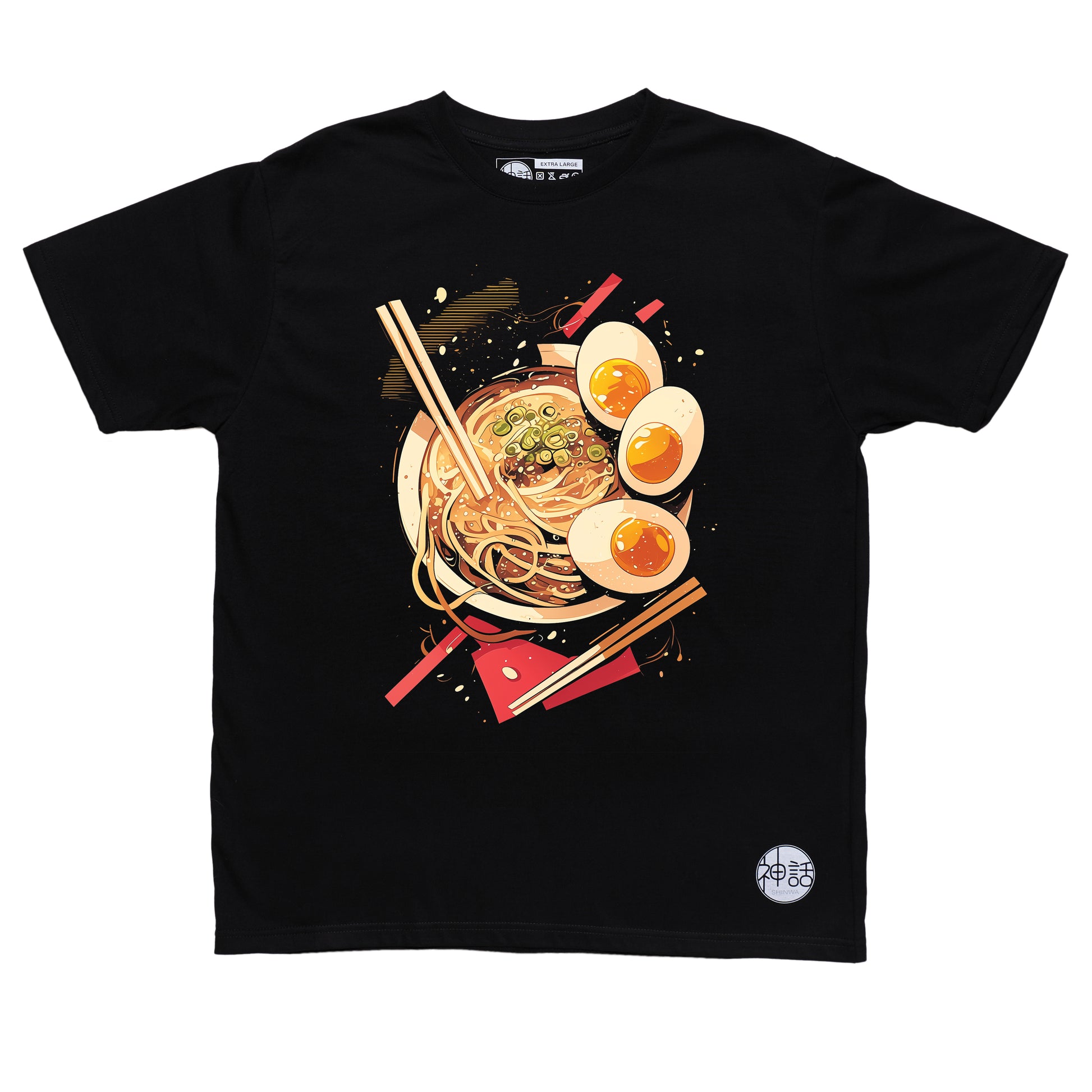 Japanese udon noodle bowl with egg and toppings illustration on black t-shirt by Shinwa, streetwear brand from the Philippines