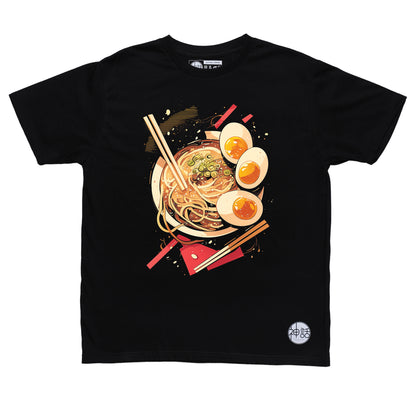 Japanese udon noodle bowl with egg and toppings illustration on black t-shirt by Shinwa, streetwear brand from the Philippines