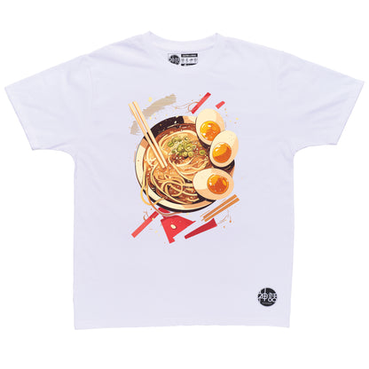 Japanese udon noodle bowl with egg and toppings illustration on white t-shirt by Shinwa, streetwear brand from the Philippines