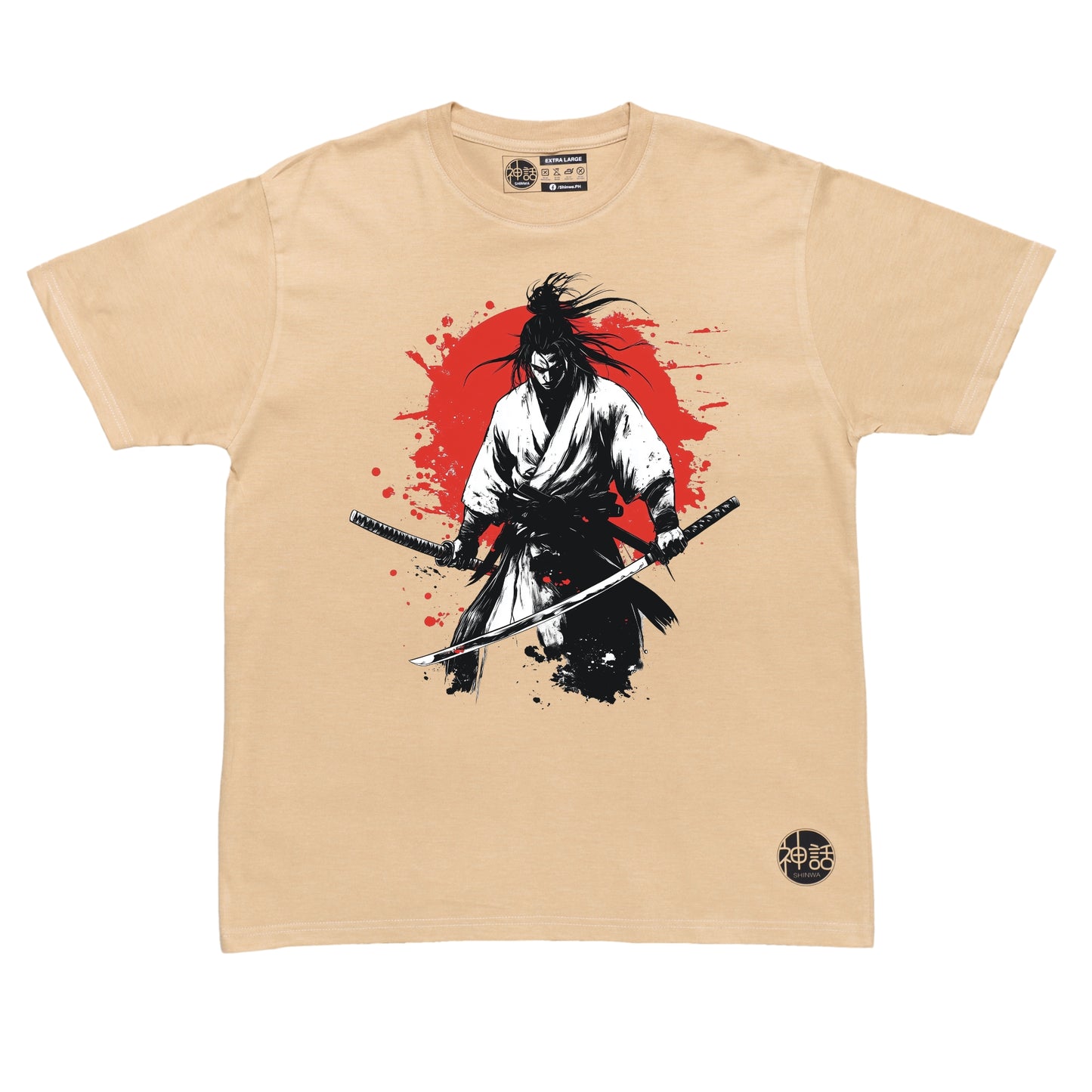 wandering samurai holding katana with red sun blood splatter in background on beige t-shirt by Shinwa, streetwear brand from the Philippines