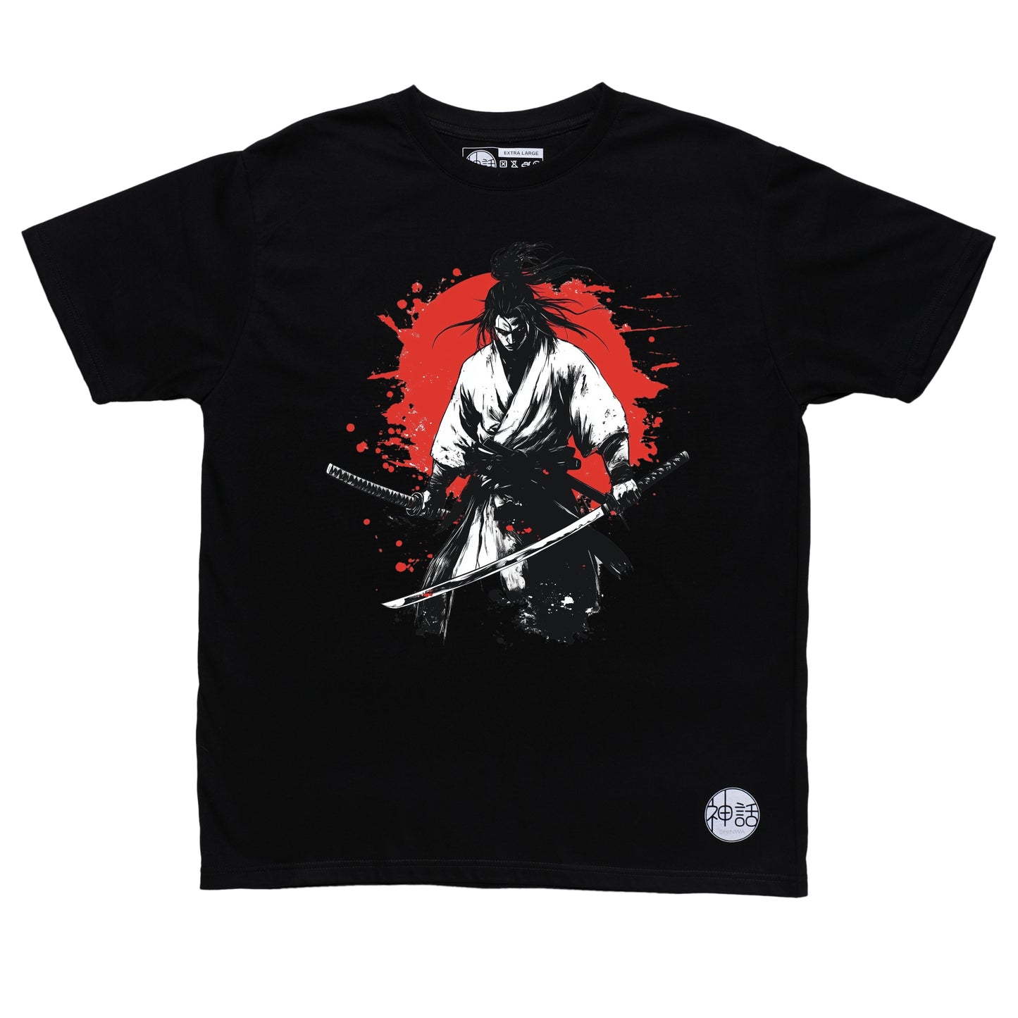 wandering samurai holding katana with red sun blood splatter in background on black t-shirt by Shinwa, streetwear brand from the Philippines