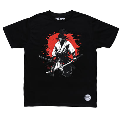 wandering samurai holding katana with red sun blood splatter in background on black t-shirt by Shinwa, streetwear brand from the Philippines