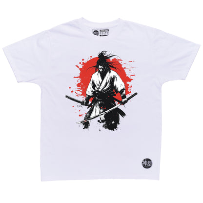 wandering samurai holding katana with red sun blood splatter in background on white t-shirt by Shinwa, streetwear brand from the Philippines