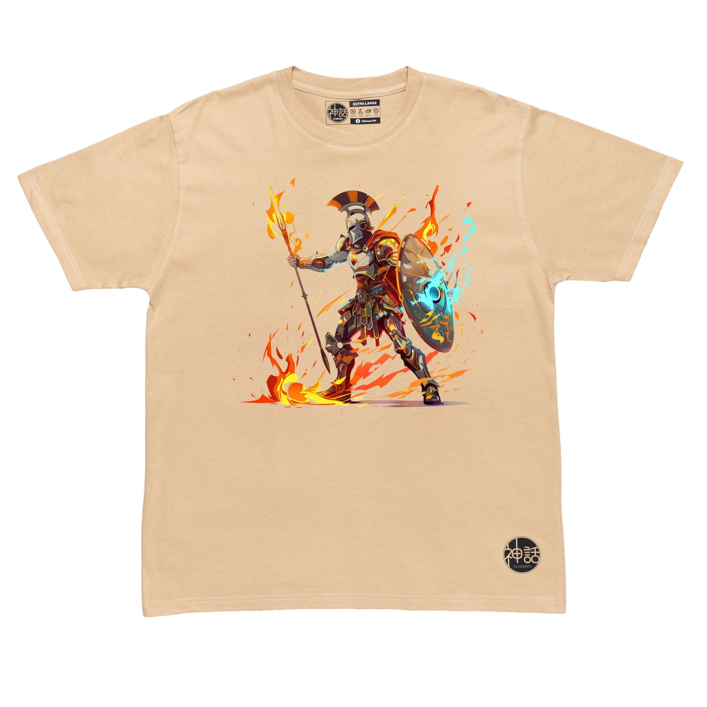 greek warrior Ares holding flaming spear and shield in battle stance on beige t-shirt by Shinwa, streetwear brand from the Philippines