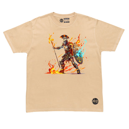 greek warrior Ares holding flaming spear and shield in battle stance on beige t-shirt by Shinwa, streetwear brand from the Philippines