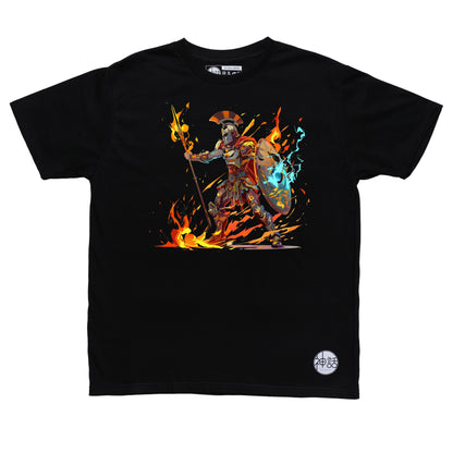 greek warrior Ares holding flaming spear and shield in battle stance on black t-shirt by Shinwa, streetwear brand from the Philippines