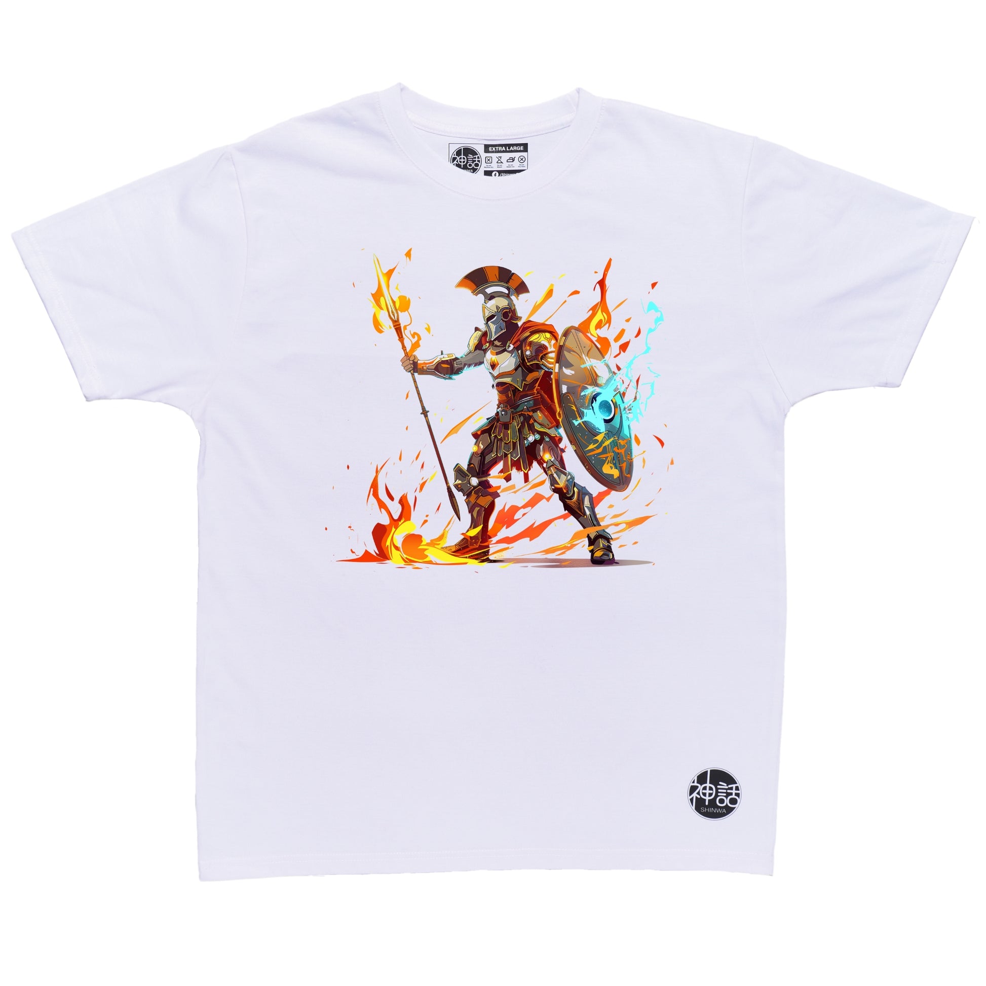 greek warrior Ares holding flaming spear and shield in battle stance on white t-shirt by Shinwa, streetwear brand from the Philippines