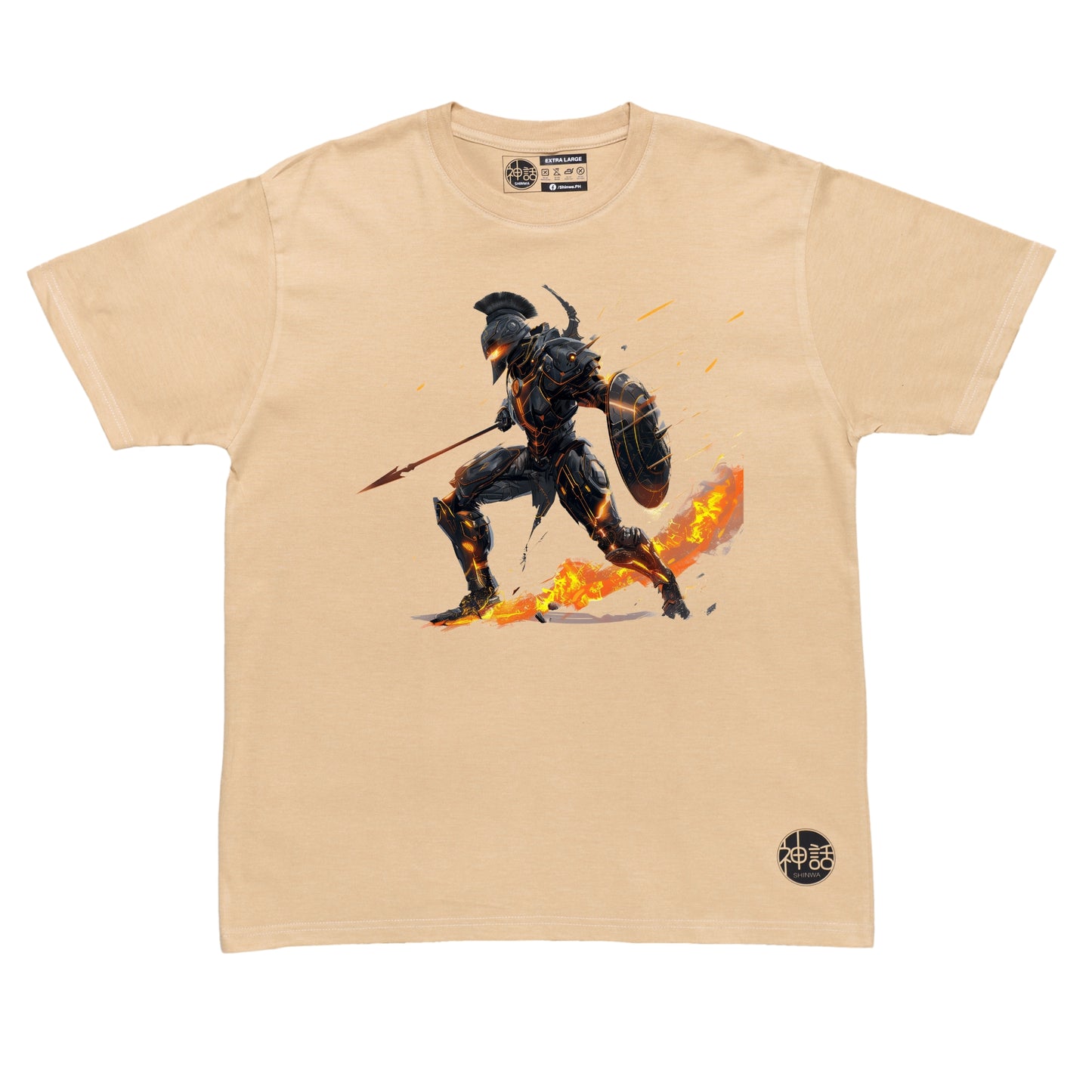 fierce Ares warrior portrait with battle scars and warm tones on beige t-shirt by Shinwa, streetwear brand from the Philippines