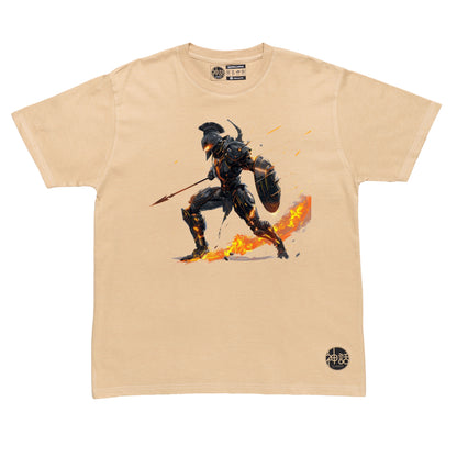 fierce Ares warrior portrait with battle scars and warm tones on beige t-shirt by Shinwa, streetwear brand from the Philippines