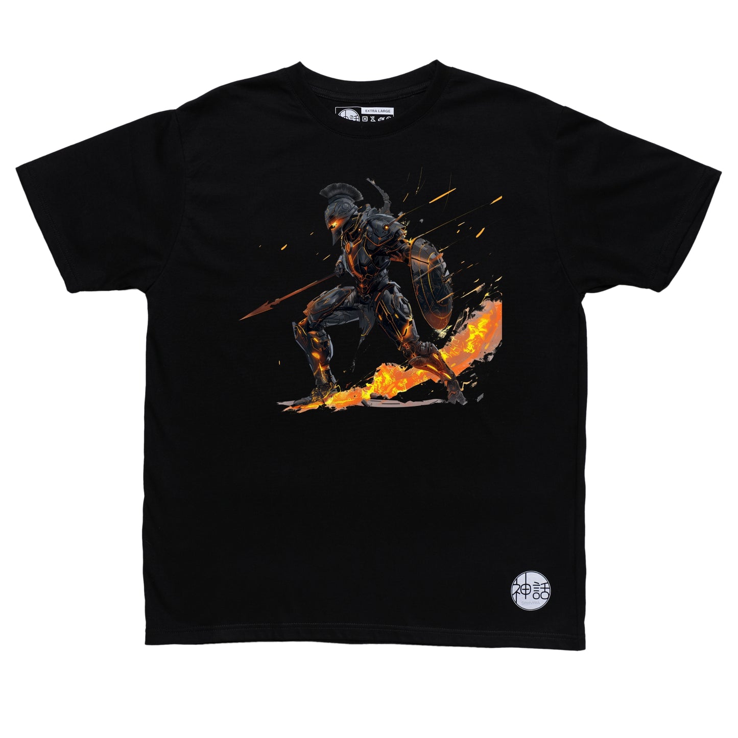 fierce Ares warrior portrait with battle scars and warm tones on black t-shirt by Shinwa, streetwear brand from the Philippines