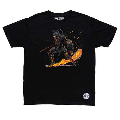 fierce Ares warrior portrait with battle scars and warm tones on black t-shirt by Shinwa, streetwear brand from the Philippines