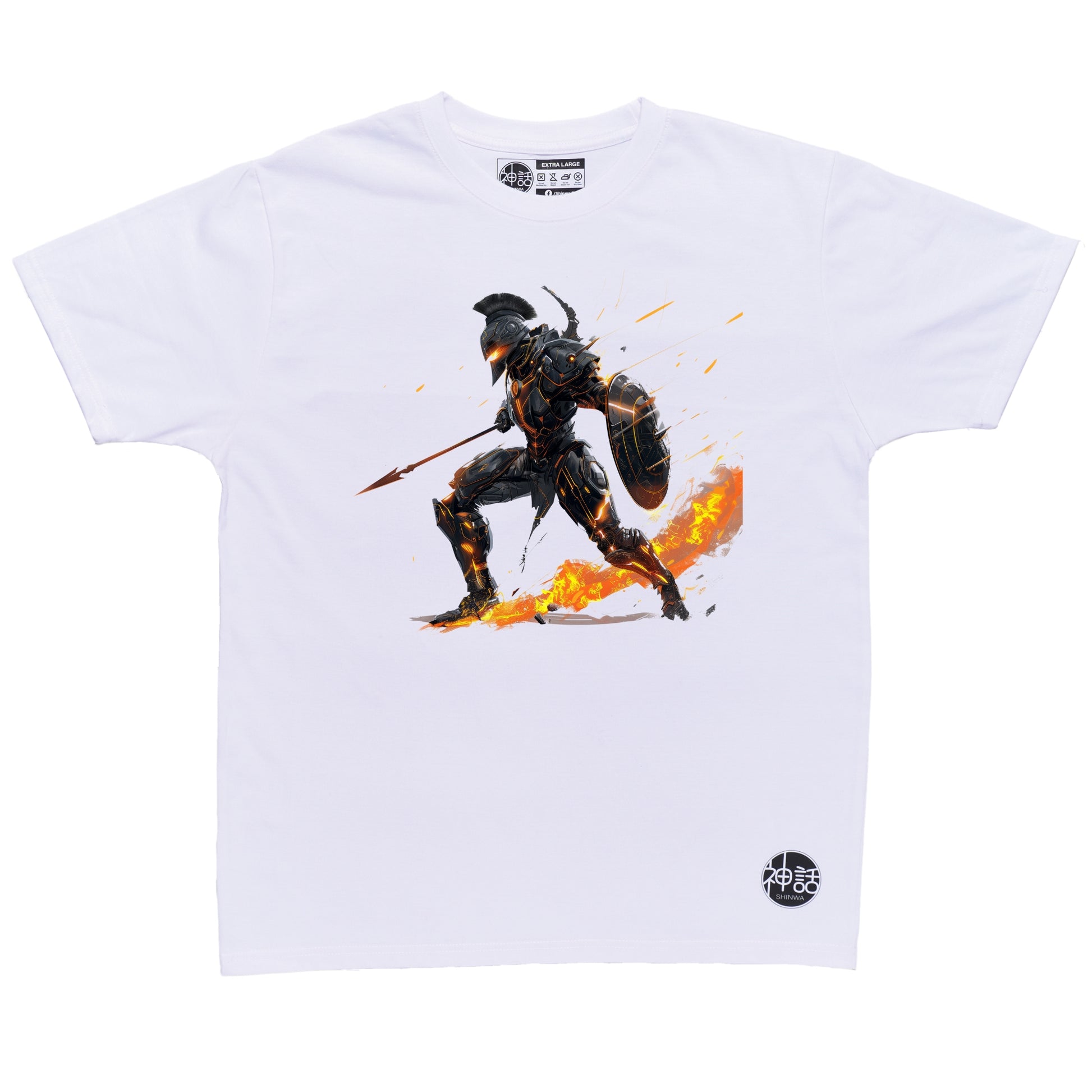 fierce Ares warrior portrait with battle scars and warm tones on white t-shirt by Shinwa, streetwear brand from the Philippines