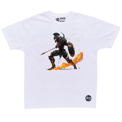 fierce Ares warrior portrait with battle scars and warm tones on white t-shirt by Shinwa, streetwear brand from the Philippines