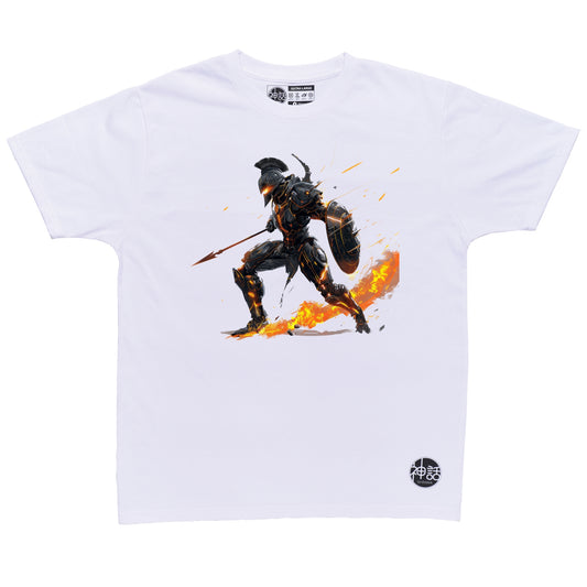fierce Ares warrior portrait with battle scars and warm tones on white t-shirt by Shinwa, streetwear brand from the Philippines